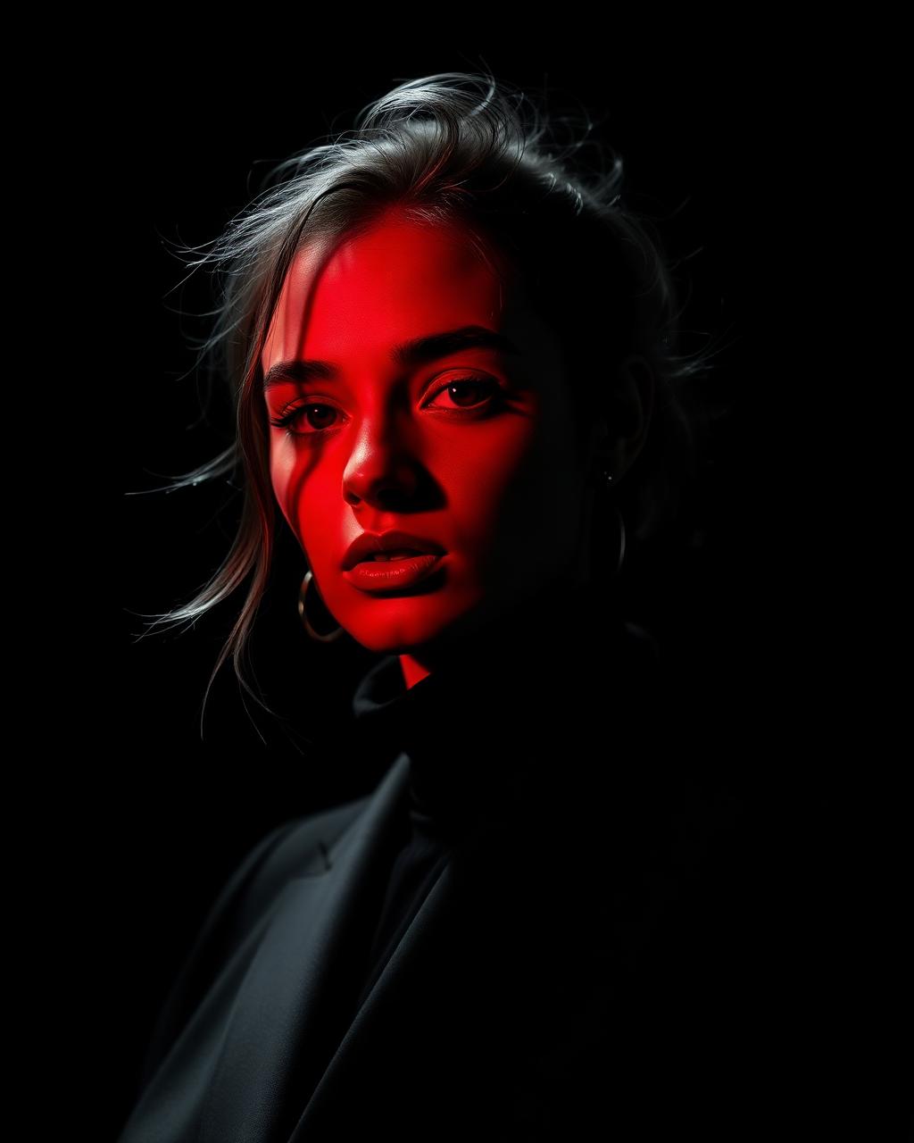 Frame de campanha de moda em estúdio escuro com luz vermelha