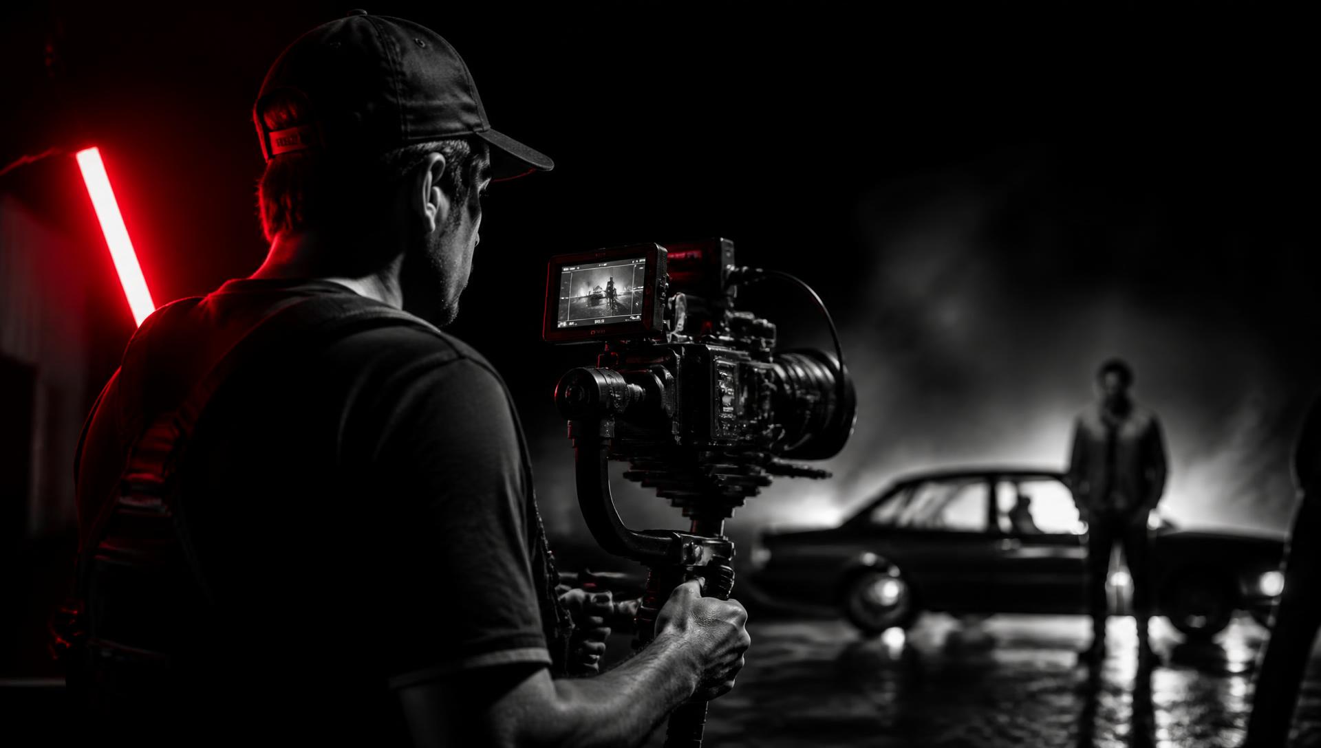 Equipe da VIZION FRAME filmando em set noturno com luz vermelha